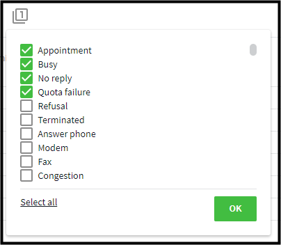 Selecting statuses to configure the filter for the Call counts counter