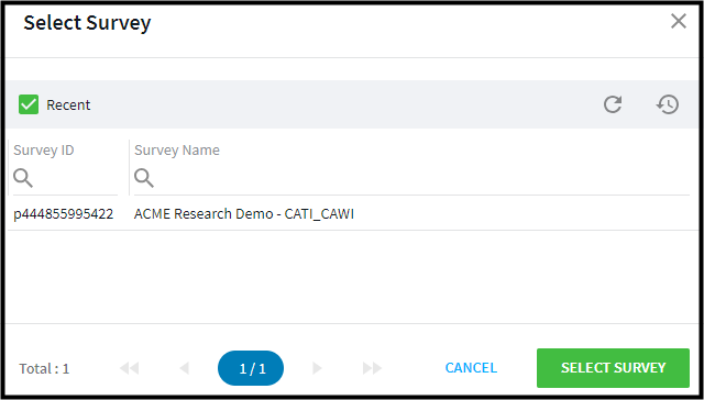 Selecting a survey in the Select survey window