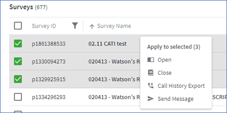 Context menu when multiple surveys are selected