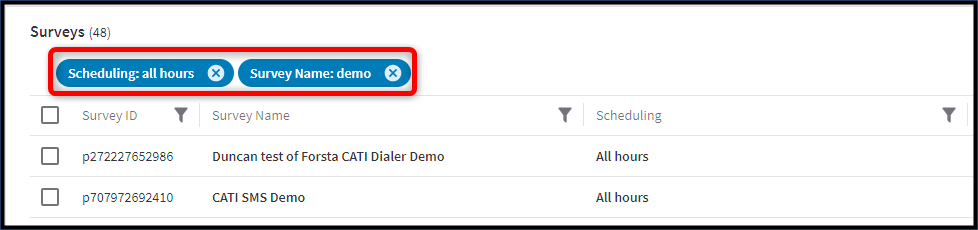 Surveys list with filters applied