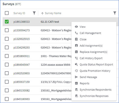 Context menu when a single survey is selected