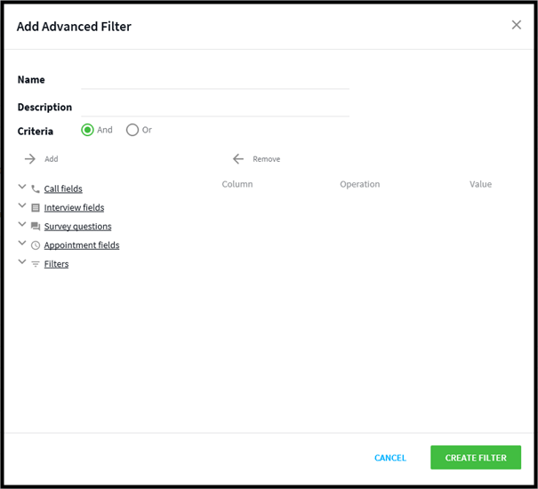 The add advanced filter dialog