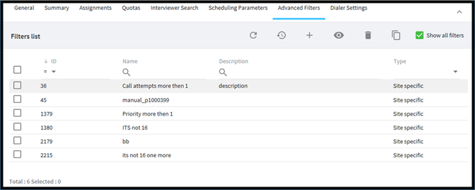 The advanced filters tab