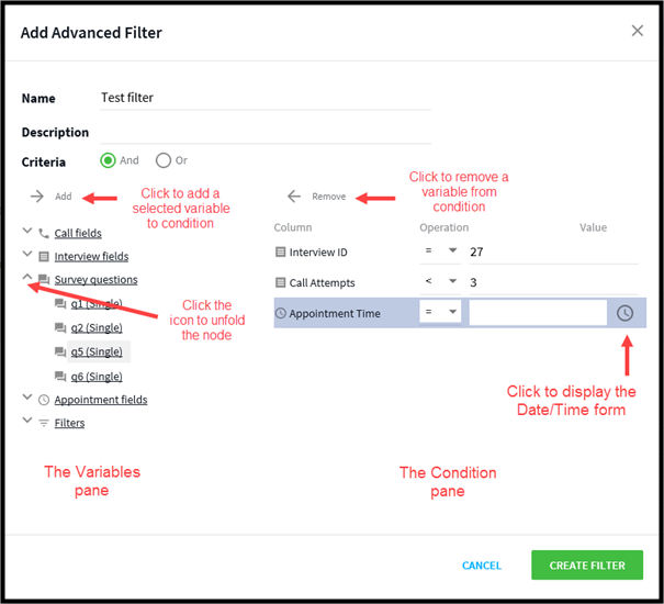 The add advanced filter dialog controls
