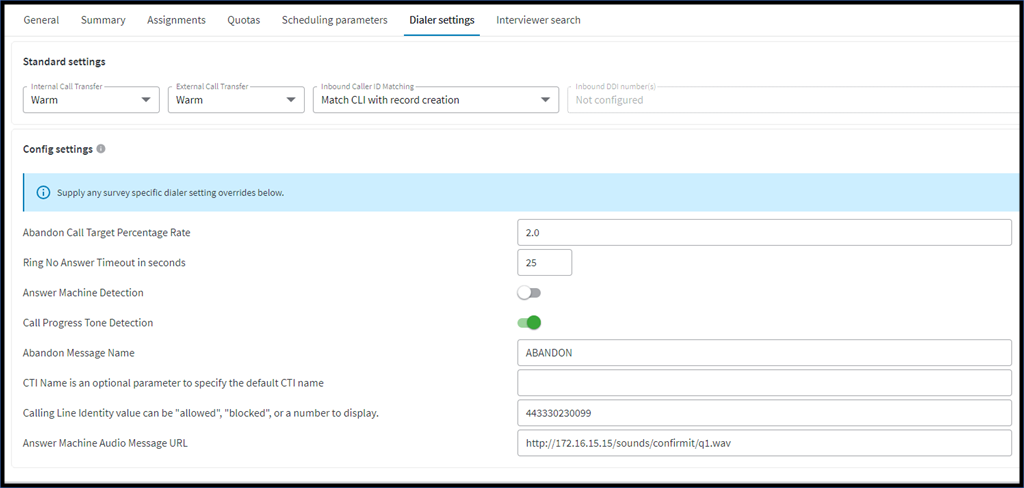 Configuring the survey related dialer settings