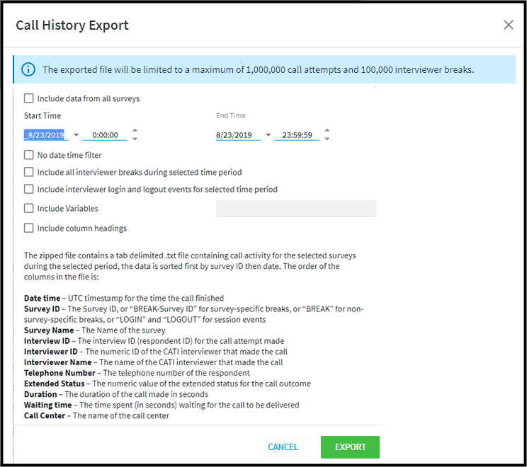 Selecting options for the call history data export