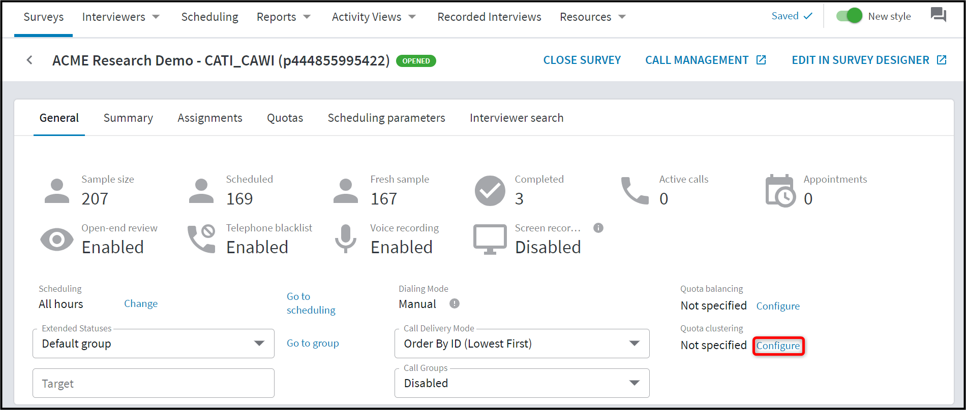 Quota clustering settings on the General tab in survey View mode