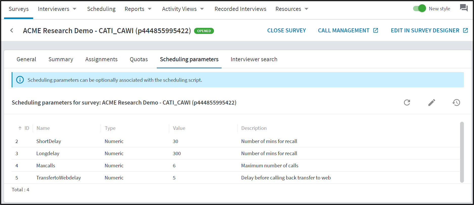 Viewing the parameter settings of the scheduling script currently used with the survey