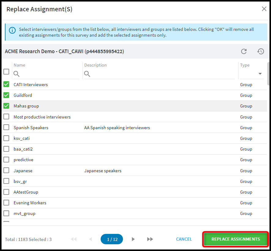 Replace survey assignments dialog