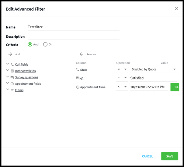 The edit advanced filter dialog containing filter parameters