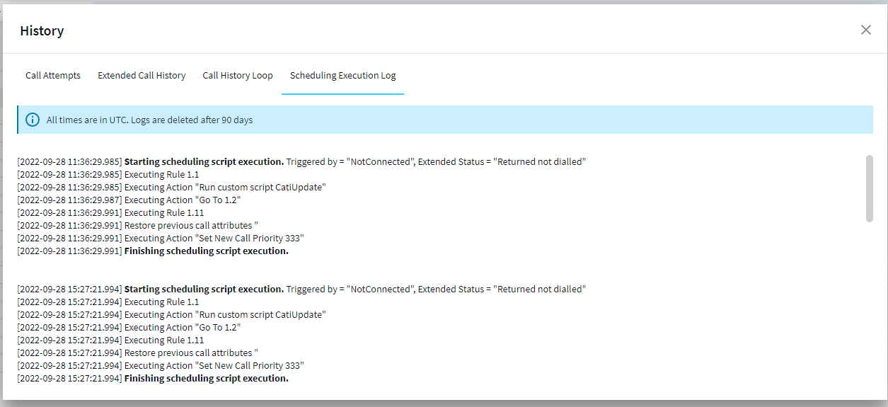 Scheduling Execution Log tab, showing which scheduling rules were performed.