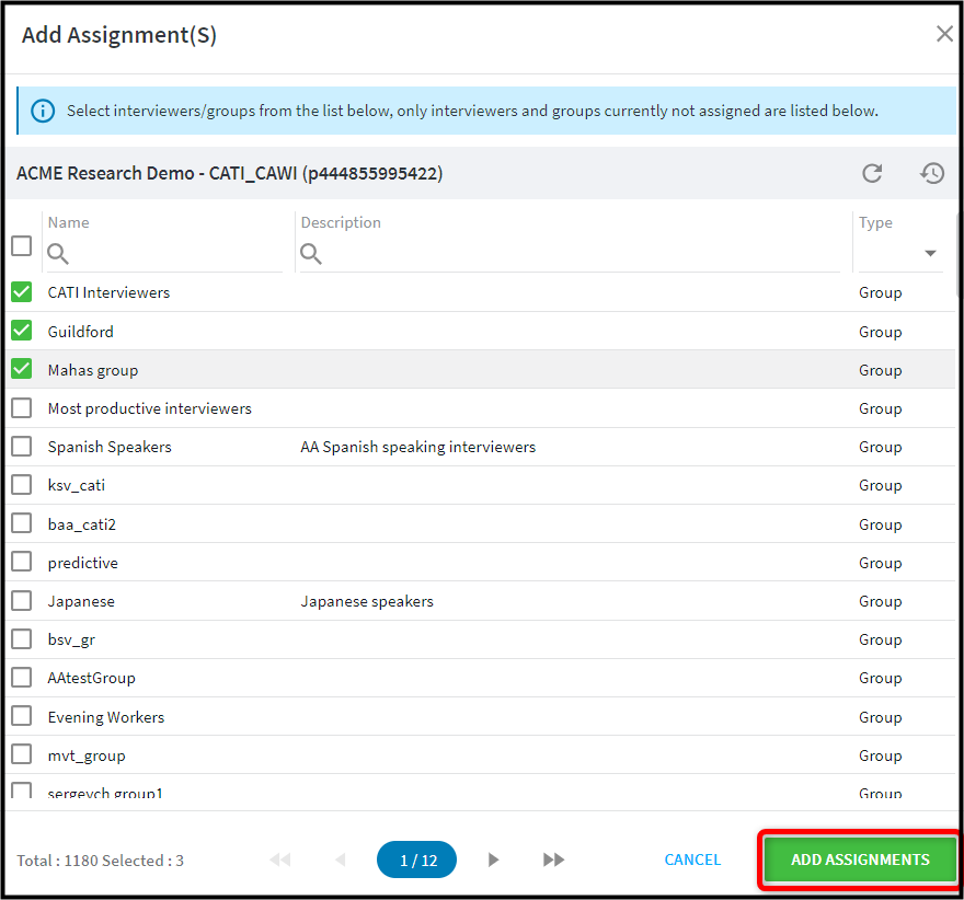 Example of the Add Assignments dialog